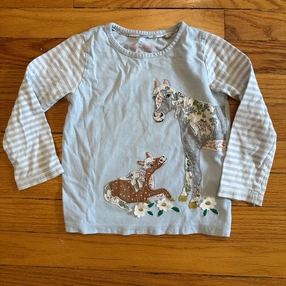 Mini Boden Light Blue Horse Appliqué Long Sleeve Tee